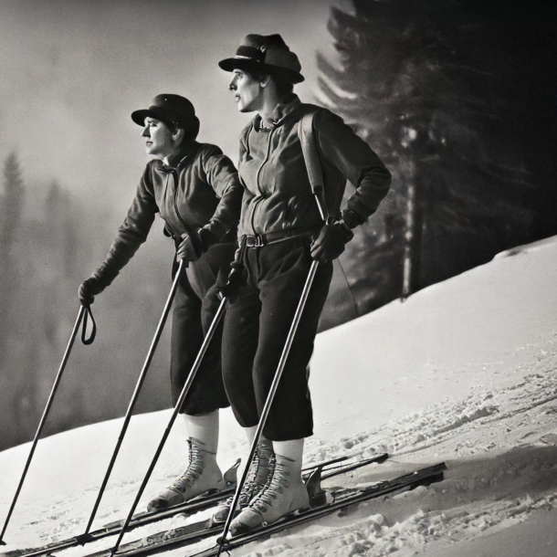 Nostalgie-Skifahren am Sudelfeld. Paar in alter Skikleidung am Berg